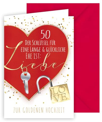 KE - Herzliche Glückwunschkarte zur Goldhochzeit, 50 Jahre Hochzeitstag, Schrift und Verzierung mit silberner Folie geprägt, inkl. Umschlag, DIN B6 Format, rot, Motiv: Herz mit Schlüssel und Schloß