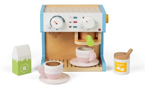 Bigjigs Toys Wooden Coffee Maker - 11 Piece Kitchen Role Play Toy, Sustainable Kids Gifts For Girls & Boys, Made From Eco Friendly Wood, Age 3 Years Old +