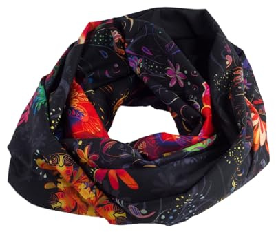 bettina bruder - Damen-Loop Schlauchschal Blumen Ornamente Bordüre schwarz bunt - 100% Baumwolle Rundschal Tuch