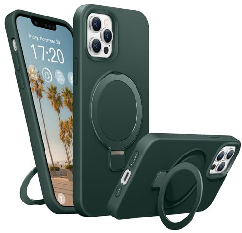 BENTIACC Liquid Silicone Case for iPhone 13 Pro, Magnetic Rugged Stand Ring, 4-Layer Shockproof Protective Case with Soft Microfibre Lining, Scratch Resistant (Green)