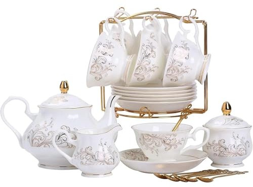 XPJYUA Cappuccino Tassen 22-teiliges Teeservice aus Porzellan mit Goldrand, Kaffeeservice mit goldenem Metallgestell, Tassen, Untertassen, Löffeln, Teekanne, Zuckerdose