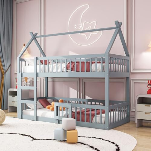 BXEYXE Kinder-Etagenbett 90 * 200, Kinder-Familienbett, Etagenbett mit Treppe, Loft Design, Massivholz-Etagenbett-Rahmen, Grau