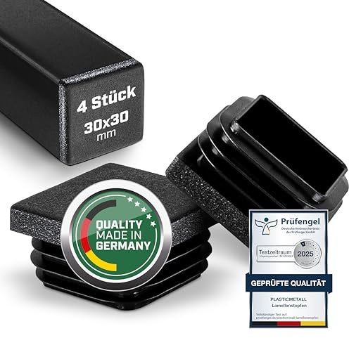plasticmetall® Lamellenstopfen 30x30 mm für Vierkantrohr [4 STK] I Quadratische Rohrstopfen aus PE - Ideal für Aluprofil, Gartenmöbel & Stuhlbeine I Verschlussstopfen mit FUNKENEROSION-Struktur