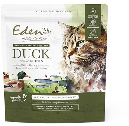 Eden Feline Feast Ente mit Sardinen 1,5 kg | Natürlich komplettes Premium Trockenfutter für ausgewachsene & ältere Katzen | Hilft Haarballen zu reduzieren | Unterstützt gesunde Harnwege | Erhaltung