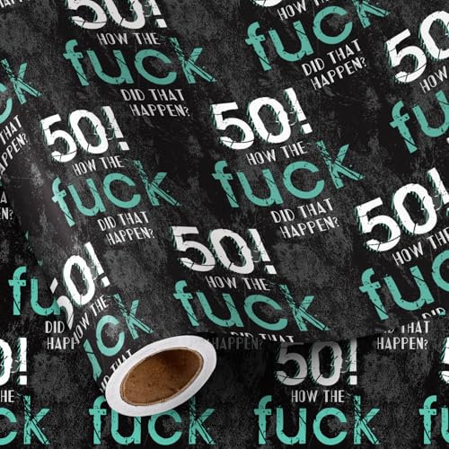 RUSPEPA Funny Offensive Birthday Wrapping Paper for Man - Mini Roll - 50! How The Fuck Did That Happen Design for 40th Birthday Party Gift Wrap and Special Occasions - 43.2cm x 5m - 50