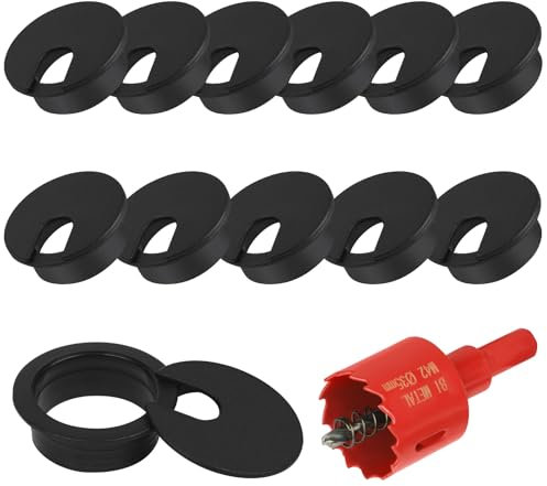 Flintronic 12 Piezas Pasacables Escritorio, 35 mm Cubierta de Orificio de Cable, Cable Ojales Escritorio Computadora, Cables Mesa Pasacables Redondos, con Sierra Perforadoras, Negro