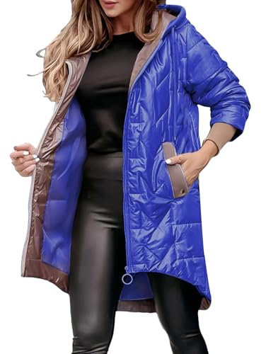 QINQNC Piumino Invernale Donna Blauer Giubbotto Donna Womens Quilted Puffer Jacket Hooded Long Sleeve Zip Up Winter Coat Lightweight Warm Jackets with Pockets Cappotto Donna Elegante (Blue, XXL)