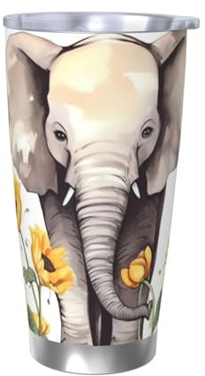 FJWSLCH 20oz Stainless Steel Tumbler with Lid and Straw Travel Coffee Mug Vacuum Insulated Travel Mug Double Wall Car Cup Thermal Mug Elephant and Sunflower Tumblers Gifts for Women Men