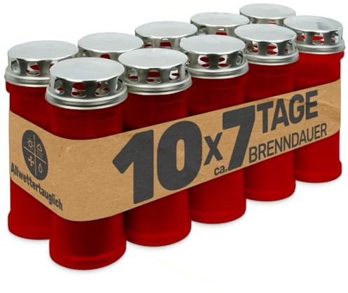 Gravidus Grabkerze rot – Lange Brenndauer von 7 Tagen, windgeschützt und langlebig, hochwertige Grabkerze aus Deutschland für dauerhafte Andacht (10 Stück)