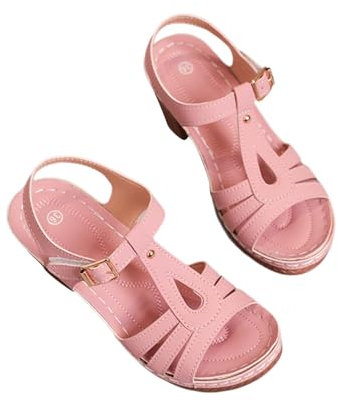 Frauen Casual Seite Hohl Gürtel Schnalle Slope Bottom Römische Schuhe Sandalen Damenschuhe Schwarz (Pink, 38)