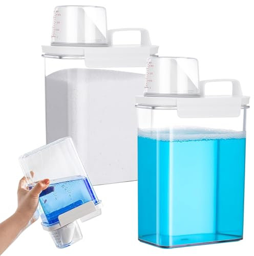 Distributeur de Lessive, 2 Pièces 1800ml de Distributeur de Lessive étanche à L'air, Distributeur de détergent fermé, Boîte de Rangement avec Gobelet Doseur, pour à la Salle de Bains, à la buanderie