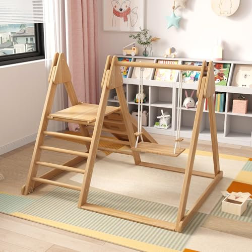 Rutsche und Schaukel für Kinder, Holzspielzeug für Kinder. Aus massiver Kiefer, Sperrholz. 3 in 1 Kinderspielzeug mit Klettergerüst, Schaukel, Rutsche, Kombispielzeug für drinnen