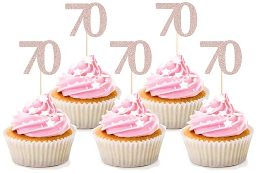 Sotpot 30PCS 70th Birthday Cupcake Toppers Rose Gold Glitter 70th Cupcake Picks for Happy 70th Birthday Party Decorations