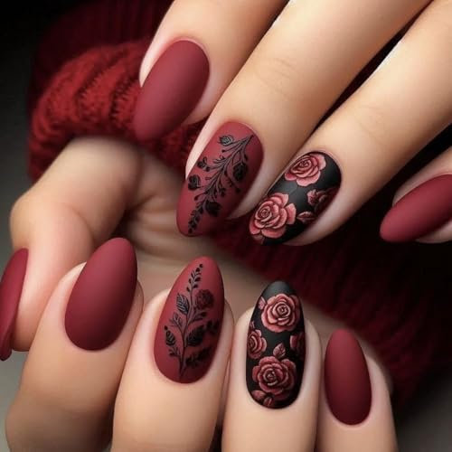 24Pcs Short Almond Press on Nails, Wine Red Rose Flowers False Nails, Elegant Solid Color Reusable Acrylic Full Cover Glue on Nails for Women DIY Manicure, Easy to Apply, No Glue Needed