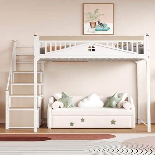 Moimhear Letto a soppalco in metallo, 140 x 200 cm, recinzione di sicurezza in metallo con sfera e design finestra, scaletta da arrampicata intercambiabile da sinistra a destra (bianco + colore legno)
