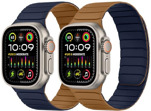Tasikar Banda Magnética Doble Cara Compatible con Apple Watch 49mm 46mm 45mm 44mm 42mm, Correa Deportiva de Silicona Suave para iWatch Ultra3 2 1 SE serie 11 10 9 8 7 6 5 4 3, Marrón-Índigo