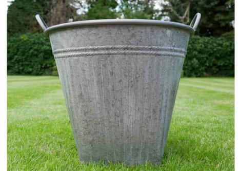 Large Round Galvanised Metal Bucket Flower Pot Garden Planter with Square Base