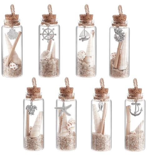 AHANDMAKER 8Pcs Coastal Beach Ornaments Nautical Glass Message Bottle with Ocean Themed Pendants White Sand Rocks and Natural Sea Shells Message Bottle for Summer Beach Party Wedding Home Office Decor