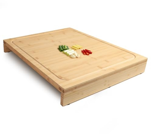 BAMOTTO CRAFTBAMBOO 18.1x21.3 Inch Large Bamboo Cutting Board with 2 Detachable Support Panels, Reversible, Kitchen Countertop Dishwasher Cover & Over Sink, Tray and Carving Board