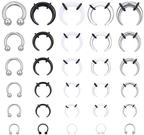 Yolev 30 Stück Hufeisen Piercing, Septum Piercing, Ohrknorpel-Nasenring | Chirurgenstahl Edelstahl Piercings Einführhilfe, C-förmig mit Lnnengewinde