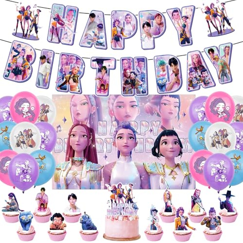 43 pcs Kpop Demo Hunte Geburtstagsparty Deko Set, Banner, Tortenstecker, Cupcake Topper, Ballons, Partydekoration für Kindergeburtstag und Themenparty