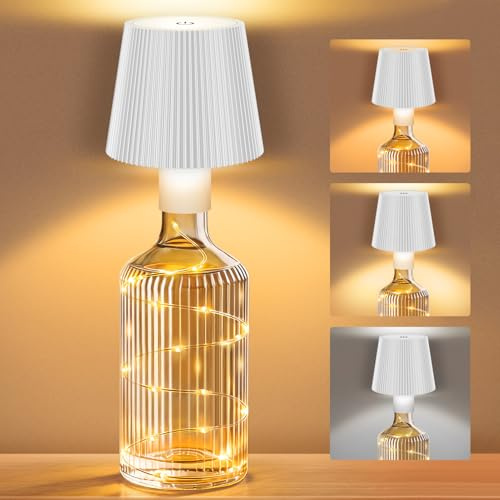 ICARE Flaschenlampe Aufsatz LED aufladbar mit Lichterkette, Weiß | Kabellose USB-C, Touch Dimmbar, 3 Farbtemperaturen, für Balkon, Terrasse, Restaurant, Schlafzimmer, Bar und Camping