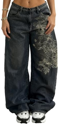 OATSBAS Y2K Hip-Hop-Jeans, Unisex, Gothic, lässig, locker, Oversize, Streetwear, Bedruckt, Buchstaben, Grafiken, Retro