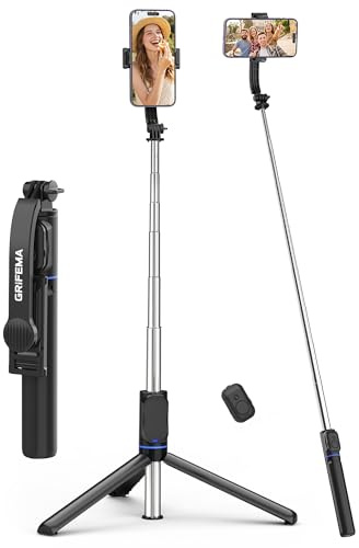 GRIFEMA Selfie Stick Tripod 107cm Extendable, 360 Rotating Mount | Wireless Remote, Detachable Phone Stand, Portable Phone Tripod for iPhone & Android Phones, Vlog & Live