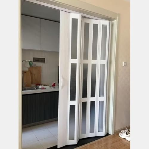 Porte accordéon, Personnalisable, Hauteur 80-95 Pouces, avec poignées et Verre Acrylique - Porte intérieure Pliante en PVC à Deux vantaux pour Cuisine, buanderie (73 x 80 Pouces / 185 x 203