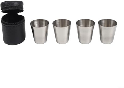 Stainless Steel Shot Glass Set of 4 for Wine Spirits Cocktails with PU Leather Bag for Travel Hiking Camping and Picnics (30ML)