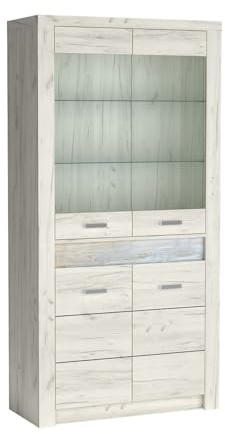 Masseno Glasvitrine ZERI Standvitrine, Wohnzimmer Vitrine, Modern Vitrinenschrank, 96x42x192cm, Eiche Bianco