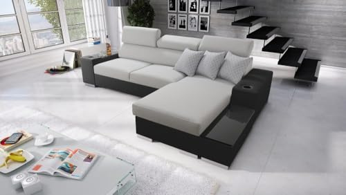 IM SOFA Ecksofa in L-Form mit Schlaffunktion und Stauraum Eckcouch PERS I MINI (Hellgrau Sawana + Schwarzes Kunstleder, Rechts)
