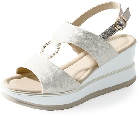 JOMIX Sandalias Mujer Elegantes con Cuña 7 cm Tejido Brillante y Detalle Joya con Anillo de Strass Correa Ajustable Suela Comfort Amortiguada Antideslizante Zapatos Verano Casual Chic