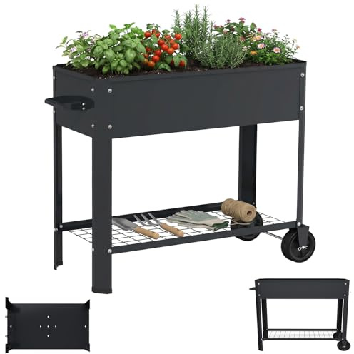 LZQ Hochbeet Metall mit Rädern & Griff, Pflanzkasten mit Ablage Gartenbeet Blumenkasten erhöht Kräuterbeet Gemüsebeet Pflanzbeet für Balkon Terrasse, verzinkt Hochbeet auf Beinen 80x35x80cm Schwarz