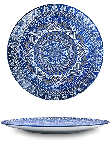 26cm Dinner Plates Set 4 Mandala Turkish Blue, Tableware Porcelain 4-Piece 10 inches Large Main Course Plate Dinner Serving Dishes Sets, Dishwasher and Microwave Safe