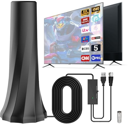 Indoor TV Aerial with Signal Booster, DVB-T2 Digital Antenna | 4K/1080P HD Ready, 360° Reception, 16.5FT Cable, Plug & Play Freeview Aerial for All UK TVs