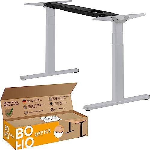 boho office® Höhenverstellbarer Schreibtisch Gestell - Made in Germany, Elektrisch stufenlos, 2 laufruhige Motoren, 3-Fach Teleskop, Kollisionsschutz - Premium Line Silber mit Wippschalter