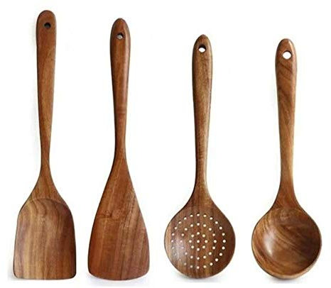 Ustensiles En Bois Ensemble D'ustensiles De Cuisine En Teck Naturel Pan Antiadhésif Grand Ustensile De Cuisine De Cuisine Spatule En Bois, Cuillère, Passoire Pour Ensemble De Cuisine De 4