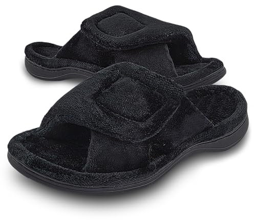 Git-up Chaussons Femme Mousse à Mémoire avec Support de l'arche Ajustable Crochet et Boucle Diabétique Large Bout Ouvert Pantoufles de Maison Extérieur et Intérieur, Noir 8/9