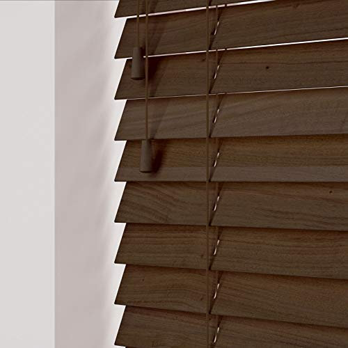 Custom Made To Measure Real Wooden Venetian Blinds with strings (50mm Slats) (Burnt Dark Oak, Up To 90cm (Width) x Up To 120cm (Drop))