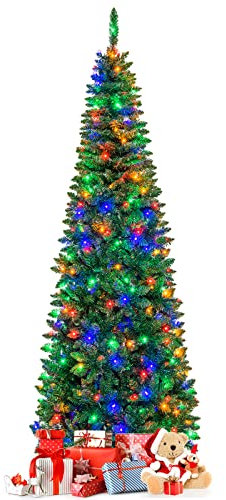 COSTWAY Albero di Natale, Slim con 150/250/350 Luci a LED Colorate, 226/708/1085 Rami Folti e Base Metallica per Festa (225 cm)