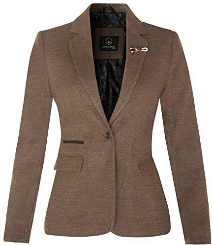 Women's Tweed Light Brown Herringbone Classic 1920s Formal Wool Tailored Blazer with Elbow Patches 8