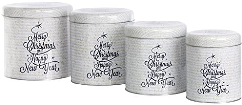 Brandsseller Juego de 4 tarros para galletas, forma cilíndrica, lata de Navidad, lata para galletas, lata para pastelería, metal, Feliz Navidad Feliz Año Nuevo