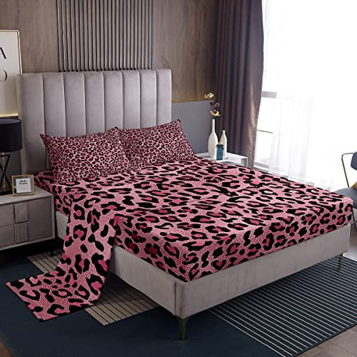 Bettlaken-Set mit pinkem Leopardenmuster, Geparden-Bettwäsche-Set für Kinder, Teenager, Mädchen, wilde Tierhautstruktur, romantisch, modisch, Bettlaken-Set, 3-teilig, mit tiefem Spannbetttuch,