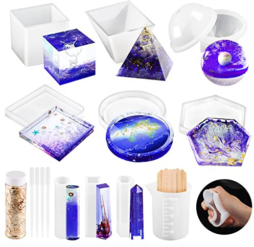 OSELEE Harzformen aus Silikon, 21-teiliges Epoxidharz-Formen-Set, Harz-Kits für Anfänger, die Schmuck/Kerzen/Seife herstellen, inklusive Untersetzer, Aschenbecher, Würfel, Pyramide, Kugelform,