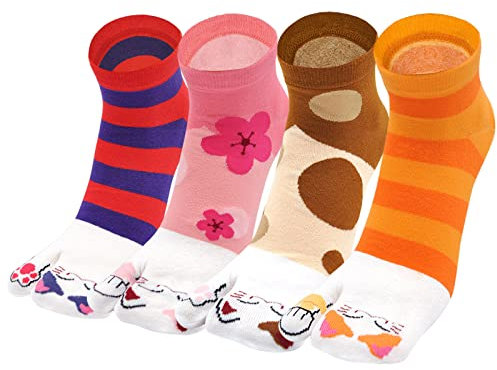 ZAKASA Tabi Socken Damen Zehensocken: Füßlinge Kurzsocken Sneaker Flip Flop Zehensocken Baumwolle Kurze Japanische Geta Socken Größe 35-41 Glückskatzen-4 Paare