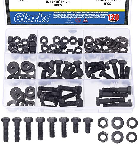 Glarks 120 Stück 5/16-Zoll-18 Sechskantschrauben, Muttern, Unterlegscheiben, Sortimentskit, schwarze flache Sechskantschrauben, Schrauben, Muttern, Sicherungsscheiben und flache Dichtungen