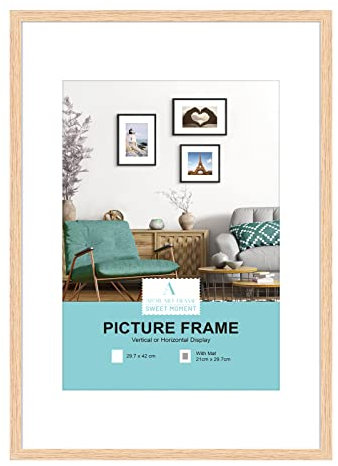 ATOBART A3 Zertifikat Bilderrahmen,Eiche Holz Bilderrahmen mit Passepartout für A4 Druck,Posterrahmen mit Plexi-glass für Wandmontage Display,29.7x42 cm,Set von 1