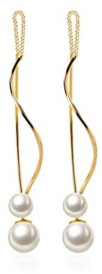 SLUYNZ Sterlingsilber Perlen baumeln Ohrringe Kurve Kette für Frauen Damen Lange Schlenker Ohrringe Perlenrücken Einfädler Quaste (B-Gold)