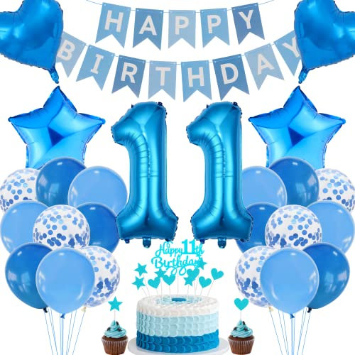 Cnrose 11. Geburtstag Dekoration,Blau Tortendeko Geburtstag 11 Jahre Junge,Party Deko Blau,11 Geburtstag Mädchen Junge,Tortendeko 11. Geburtstag Junge Mädchen,Geburtstagsdeko 11 Jahre Mädchen